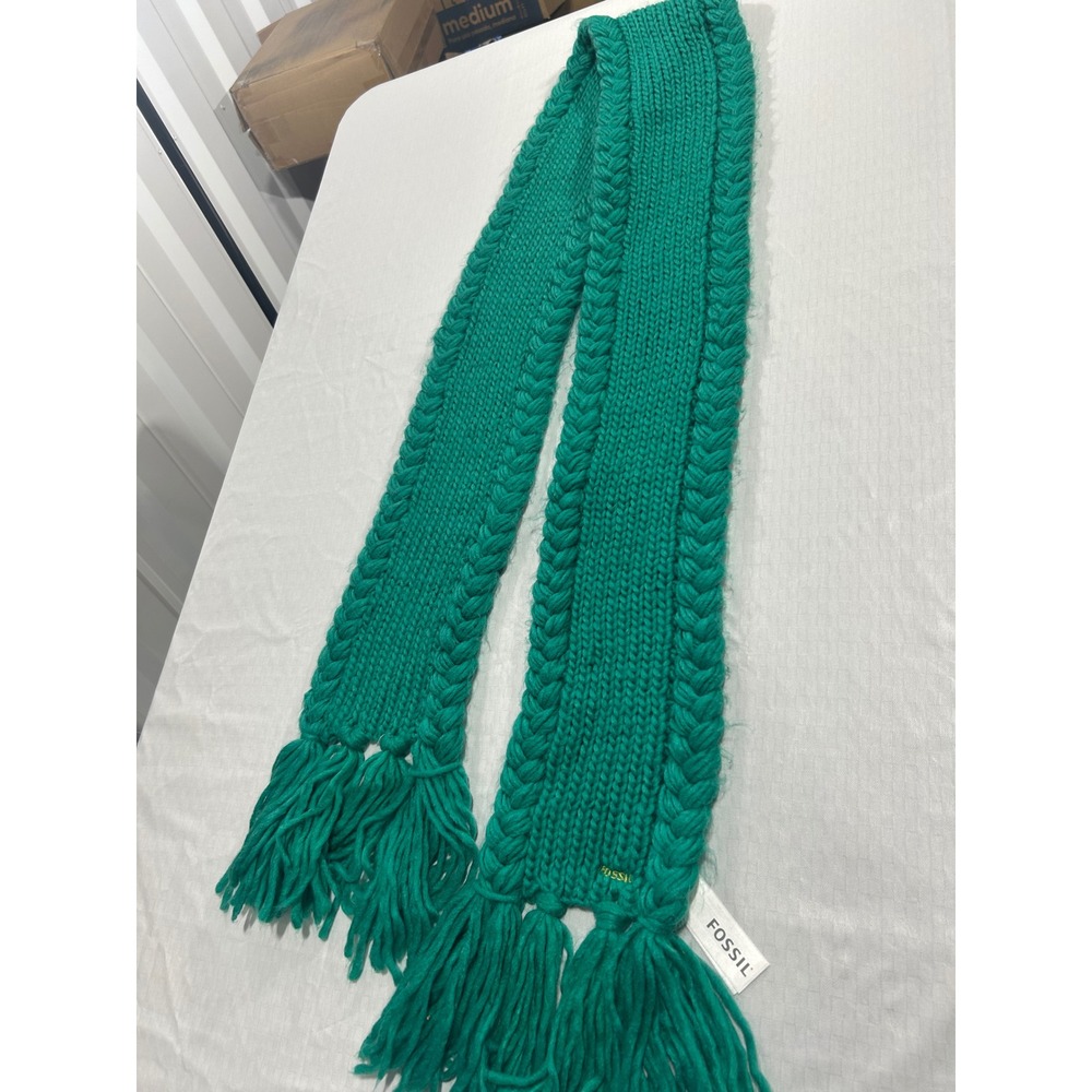 Fossil‎ Emerald Green Chunky Cable Knit Scarf with Tassel Fringe Braided Trim